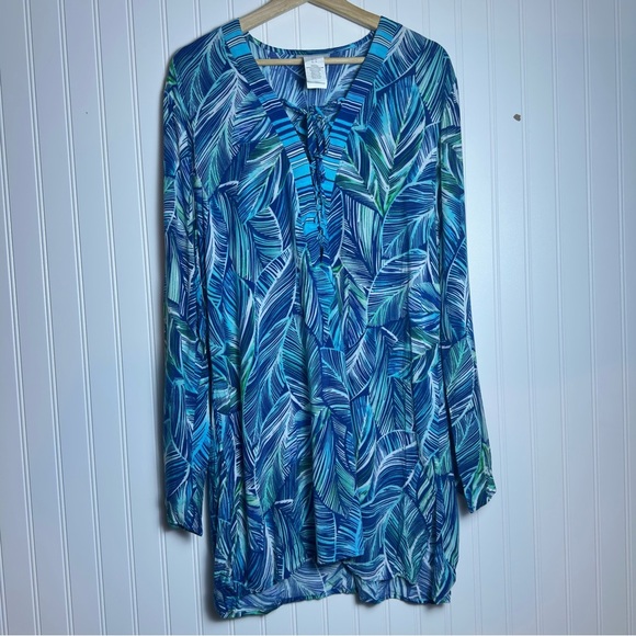 LA BLANCA Sketched Leaves Long Sleeve Tunic Swim Cover-Up Large NO FOR SALE - Picture 2 of 13